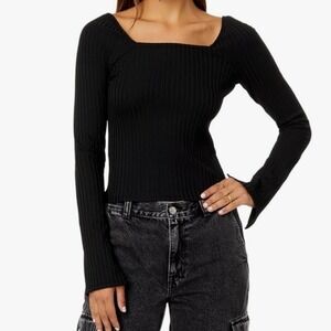 Madewell Black Ribbed Long-Sleeve Square Neck Crop Top